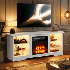 Fireplace TV Stand with 18" Fireplace Up to 65" TVs, 58" Entertainment Center with LED Lights, TV Media Console with Adjustable Glass Shelves And Storage Cabinets for Living Room
