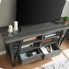 Tall TV Stand Cabinet with Two Drawers on Metal Glides Metal Square Knob Handles And Two Divided Shelf Tiers