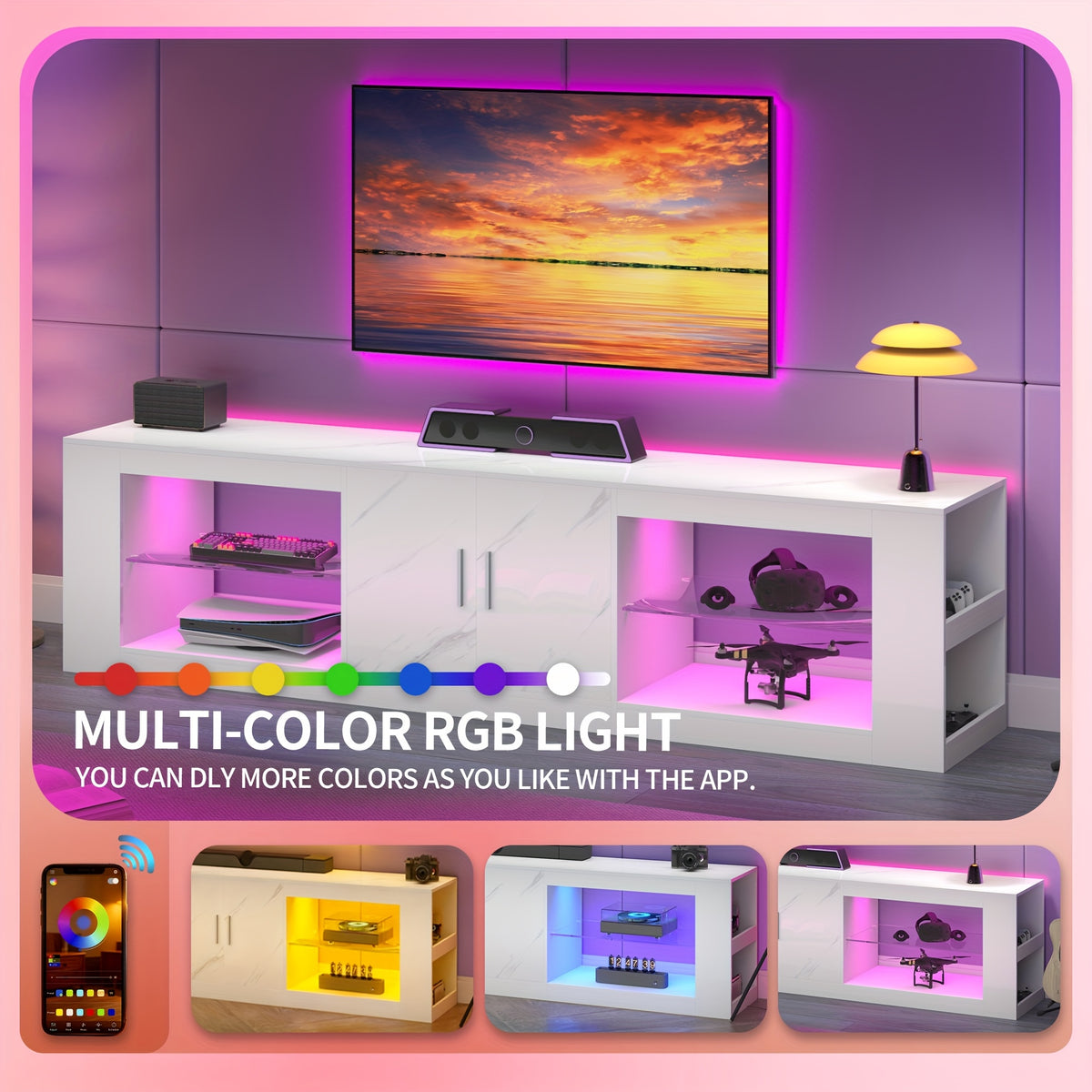 80"/71" Modern TV Stand with LED Lights - High-Gloss White/Black Marble Entertainment Center Suitable for 70/75/80/85 Inch TVs, Media Console with Open Shelves & Cabinets, Door Storage, Engineered Wood & Frame, Assembly, Living Room/Bedroom
