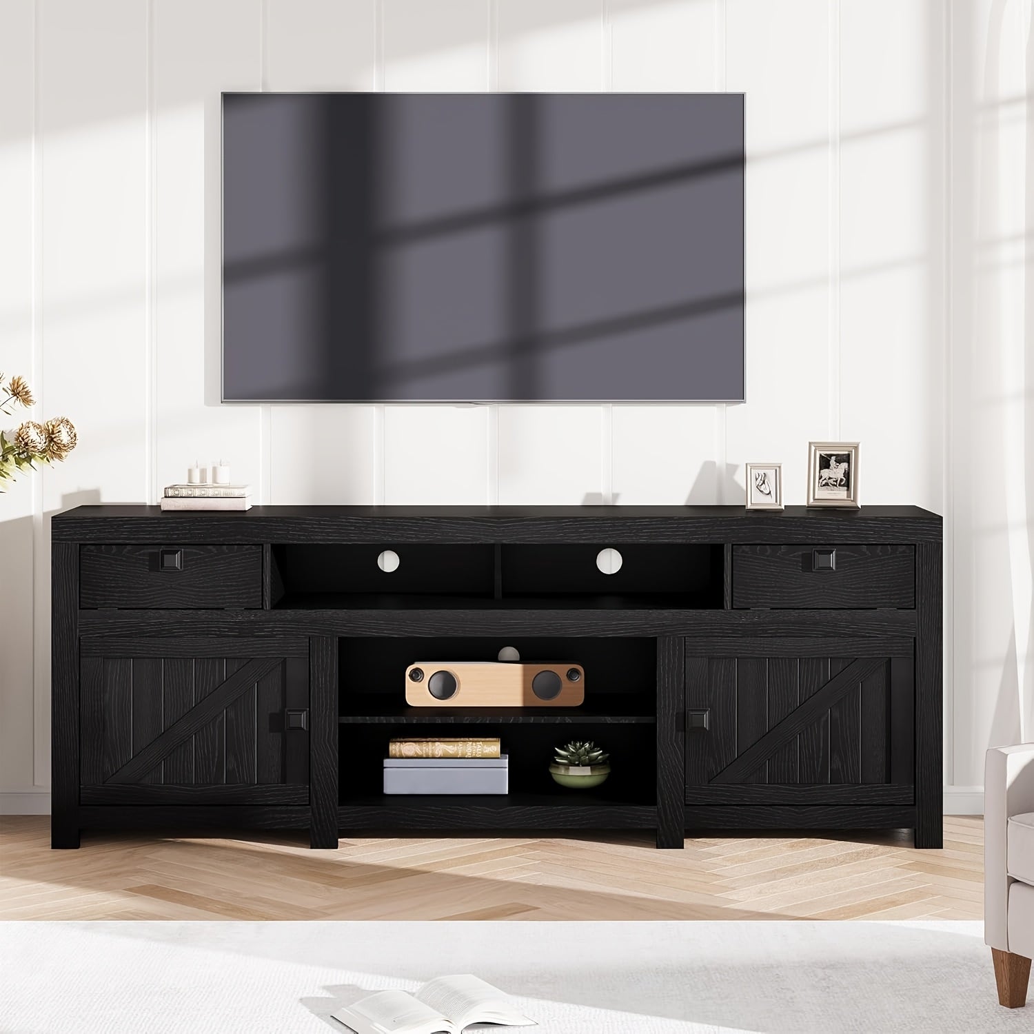 70. 1 Inch TV Stand with Doors And Drawers for TVs Under 80 Inch, Modern Entertainment Center, TV Media Cabinet, Multi-Function Organizer with Open Storage Space for Living Room, Bedroom (Antique White/ Gray)