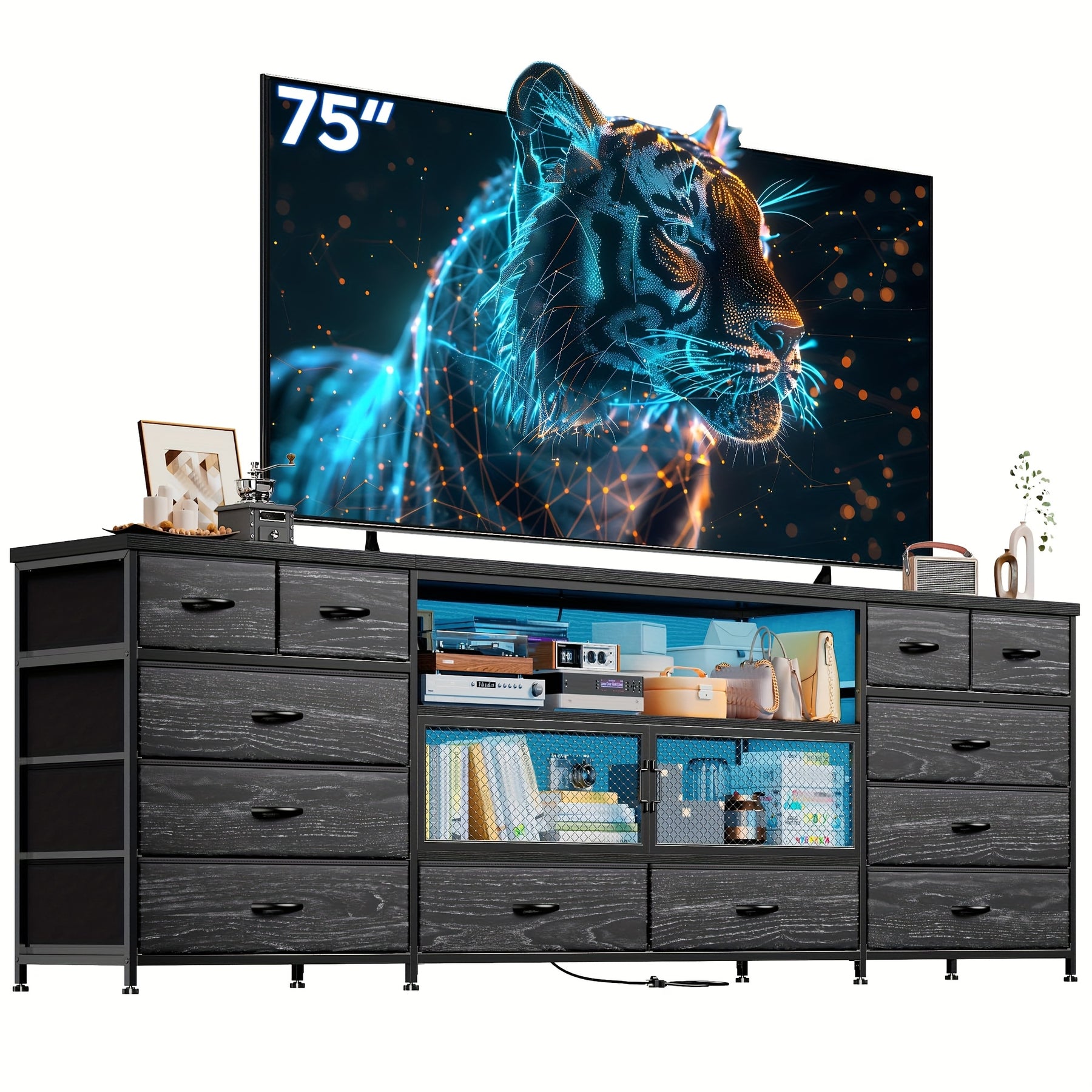 85/80/75 Inch TV Stand for Bedroom with LED & Charging Station Large TV Console with Open Shelf & Mesh Door 71" Long Dresser for Bedroom with 12 Fabric Drawer Black/Rustic Brown