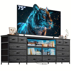85/80/75 Inch TV Stand for Bedroom with LED & Charging Station Large TV Console with Open Shelf & Mesh Door 71" Long Dresser for Bedroom with 12 Fabric Drawer Black/Rustic Brown