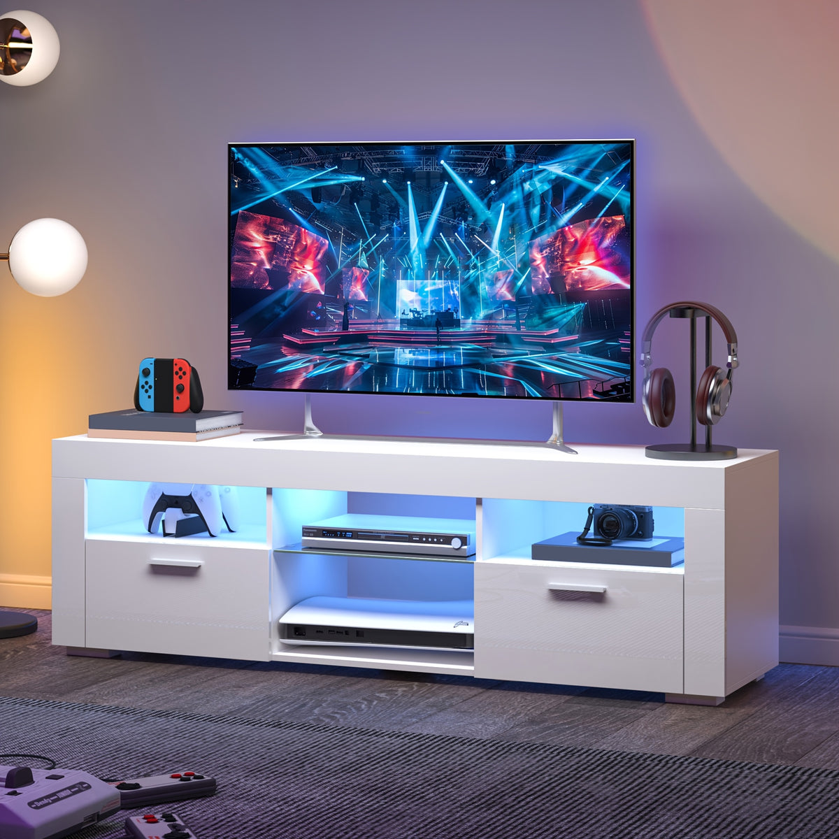 White TV Stand for 50/55 Inch TV, 56" Entertainment Center with LED Lights, Modern TV Stands for Bedroom, TV Console Table with Storage Cabinets And Open Adjustable Shelves for Living Room Bedroom