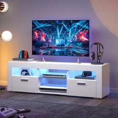 White TV Stand for 50/55 Inch TV, 56" Entertainment Center with LED Lights, Modern TV Stands for Bedroom, TV Console Table with Storage Cabinets And Open Adjustable Shelves for Living Room Bedroom