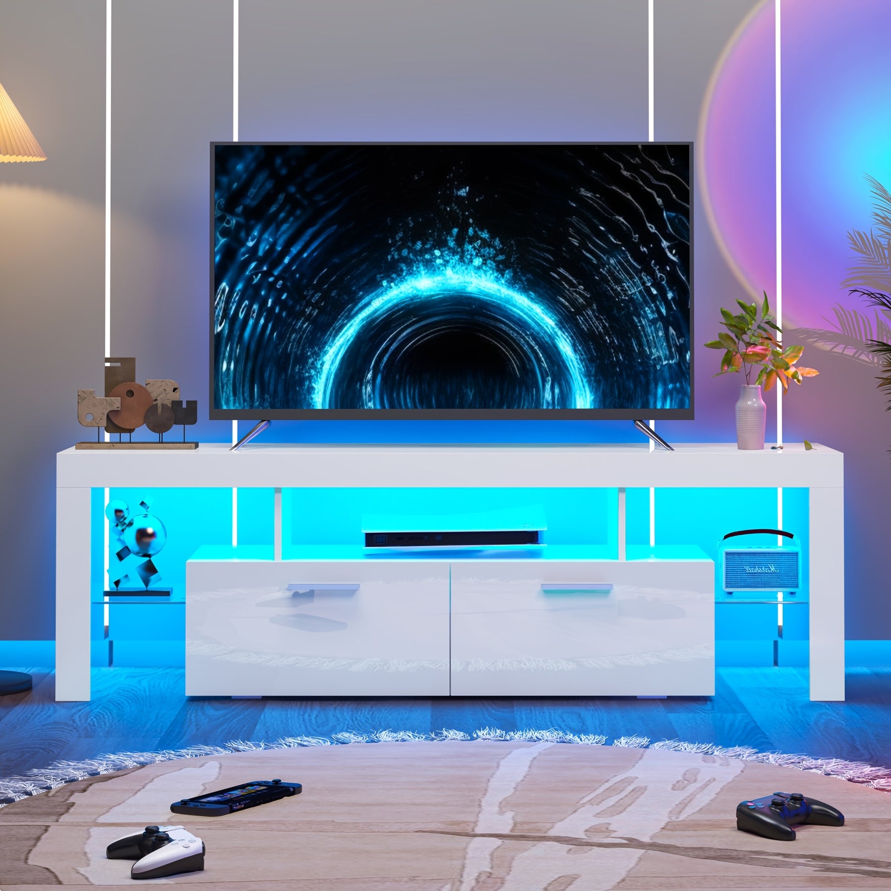 71" High Gloss White TV Stand with LED Lights for 55/65/75/80 Inch TVs, Gaming Entertainment Center with Cabinet for PS5, Modern Media Console Table with Glass Shelves for Living Room, Game Room, Bedroom