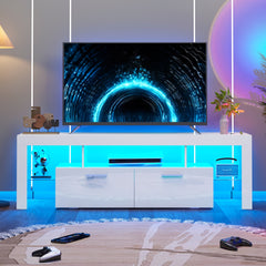 71" High Gloss White TV Stand with LED Lights for 55/65/75/80 Inch TVs, Gaming Entertainment Center with Cabinet for PS5, Modern Media Console Table with Glass Shelves for Living Room, Game Room, Bedroom