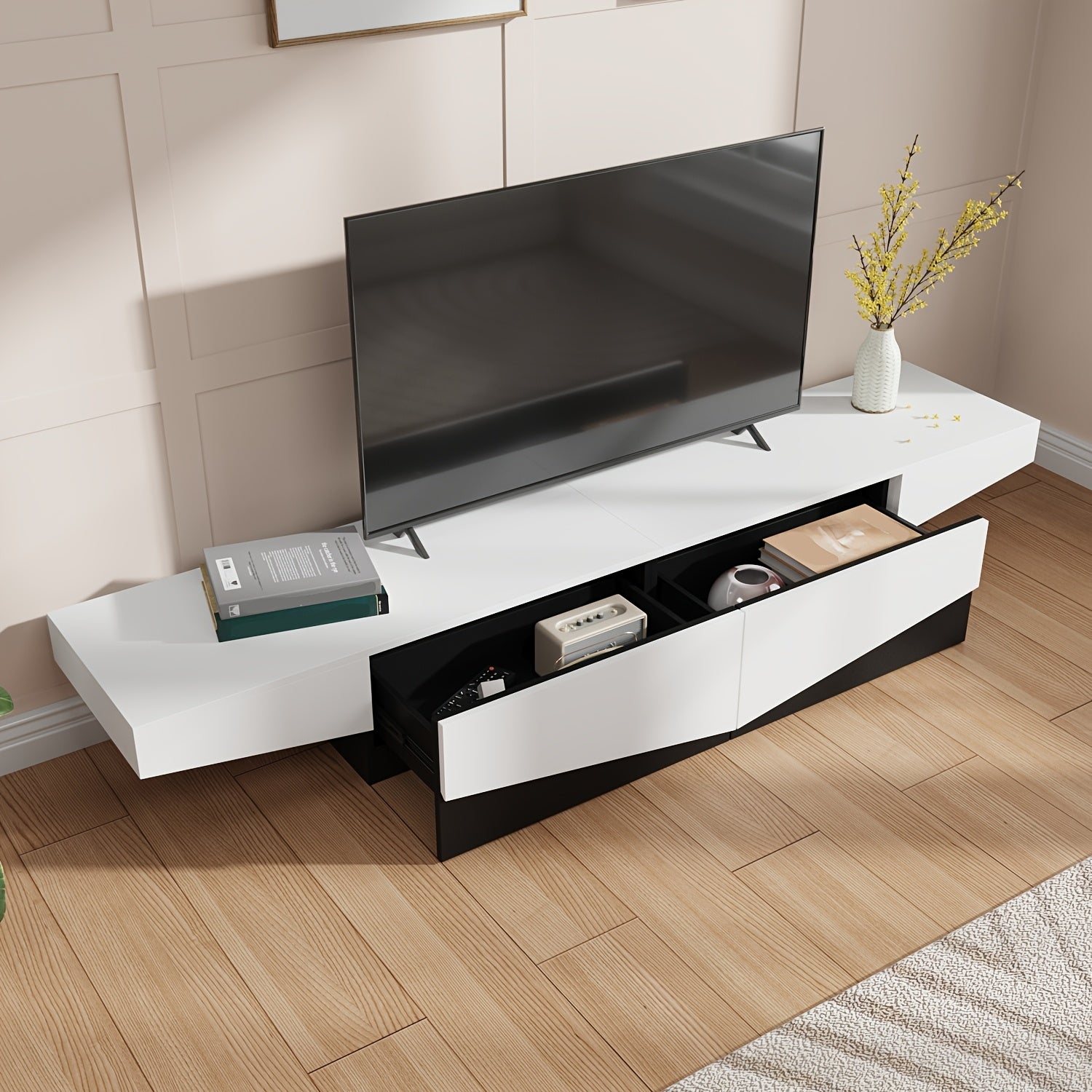 Modern Media Console TV Stand With 2 Drawers, TV Cabinet With Spacious Top, TV Console Table Entertainment Center For Living Room, Stylish Design, White & Black