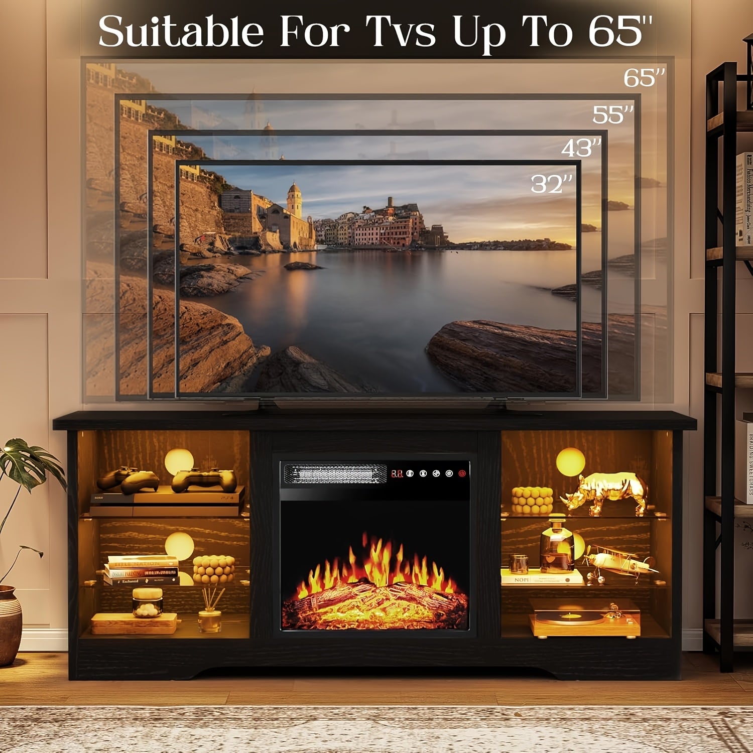 Fireplace TV Stand with 18" Fireplace Up to 65" TVs, 58" Entertainment Center with LED Lights, TV Media Console with Adjustable Glass Shelves And Storage Cabinets for Living Room