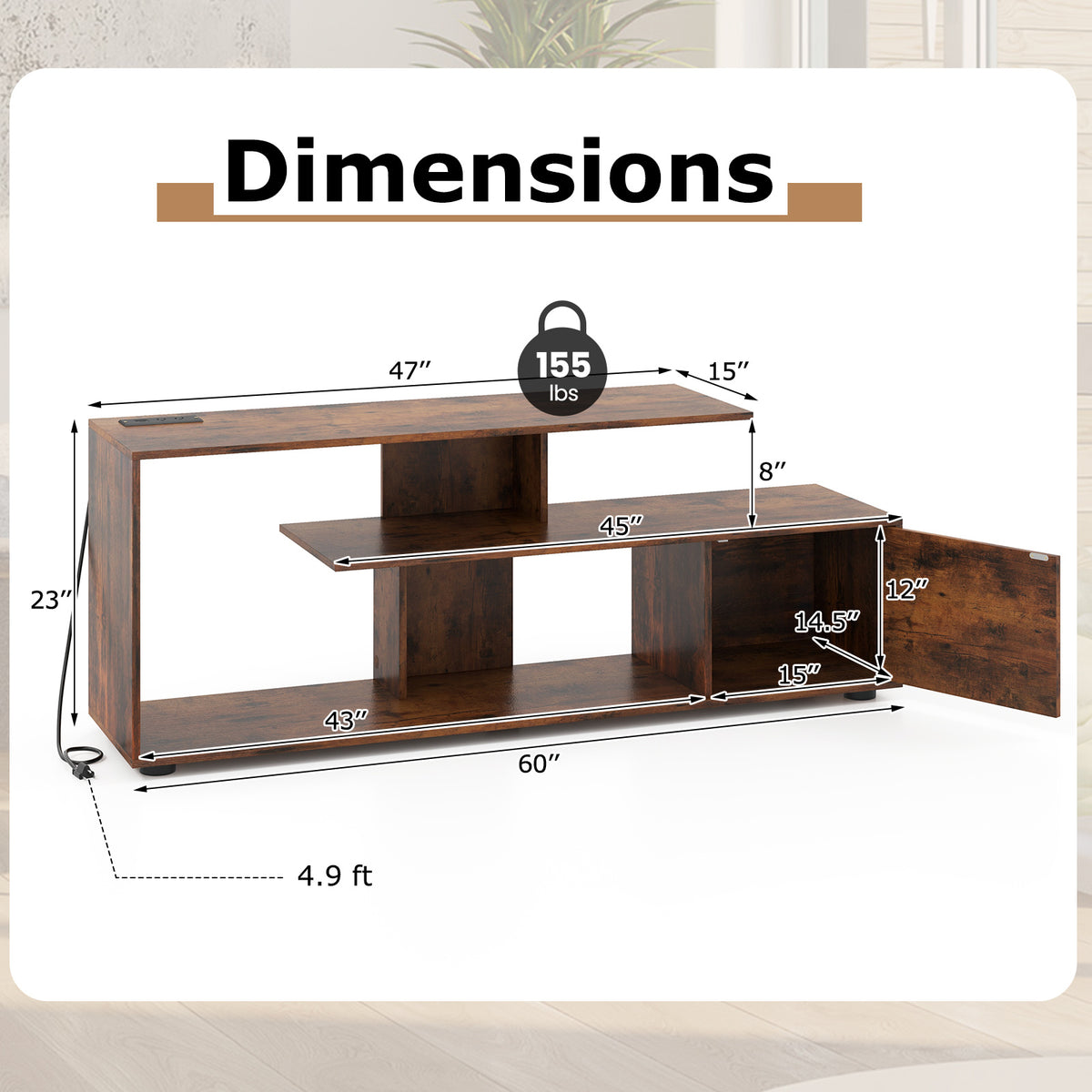 60" Modern Industrial TV Stand with Charging Station (AC Outlets//Type-C) - Heavy-Duty Wood Media Console, Rustic Brown Entertainment Center for 55-Inch TVs, Large Storage Shelf & Cabinet, Adjustable Feet