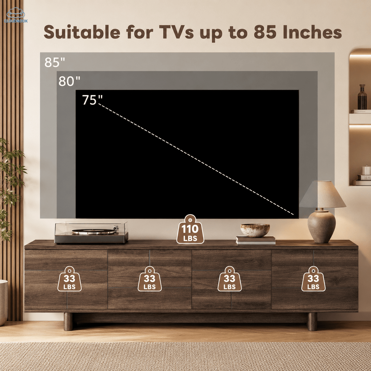 Modern TV Stand for TVs Up to 85" Suitable for 85-inch Screens, Dark Brown Entertainment Center with Solid Legs, Push-Door Cabinets & Adjustable Shelves, Cable Management System for Media Rooms, Furniture