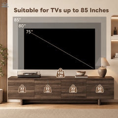 Modern TV Stand for TVs Up to 85" Suitable for 85-inch Screens, Dark Brown Entertainment Center with Solid Legs, Push-Door Cabinets & Adjustable Shelves, Cable Management System for Media Rooms, Furniture