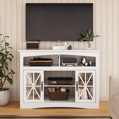 Retro TV Stand, Country Style TV Cabinet with Adjustable Shelves, Glass Doors, Multimedia Storage for Living Room, Bedroom, Kitchen, White