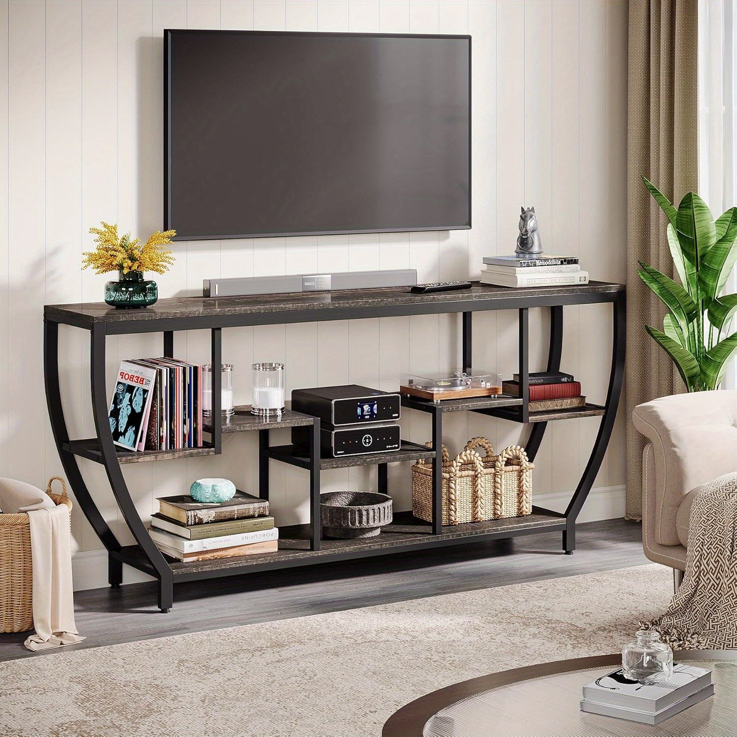 70.9" Extra Long TV Stand for up to 80" TVs, Heavy-Duty Entertainment Center with Storage Shelves, Rustic Brown Media Console - Sturdy MDF & Metal Construction, Living Room, Bedroom, Home Theater Furniture - Easy Assembly, Tv Console for Living Room, Bed