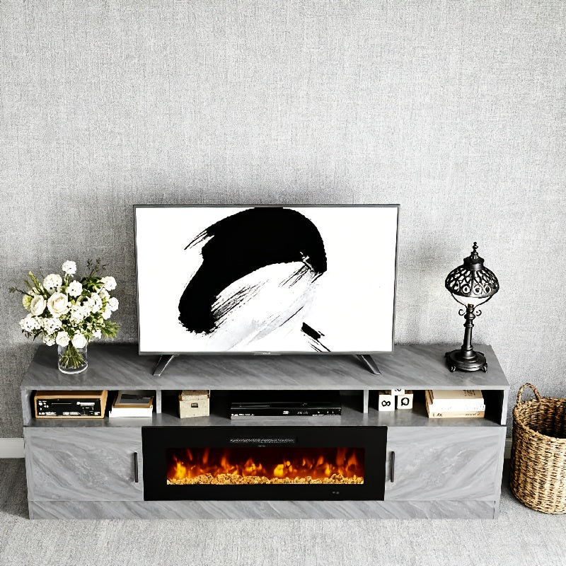 70" Fireplace TV Stand for TVs Up to 80", LED Light Entertainment Center with 36" Fireplace, Which Comes with Twelve Colors Of Backlight, Storage Cabinet, Media Console Table for Living Room (Gray -Black)