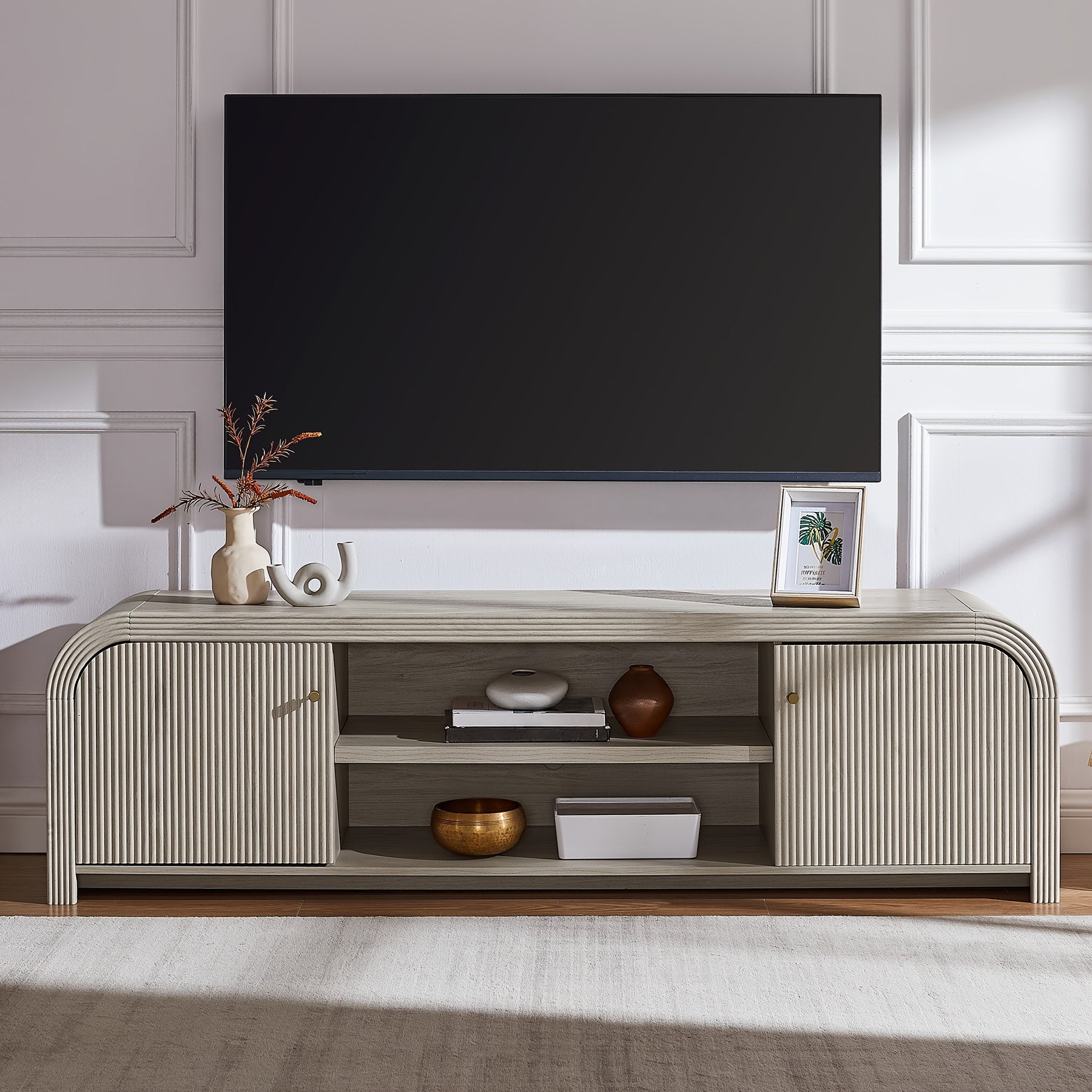 70" Fluted Rounded TV Stand for Tvs Up to 80", Curved Wooden Media Console with Soft Close Cabinet Doors & Adjustable Storage Shelves, Modern Farmhouse Entertainment Center for Living Room