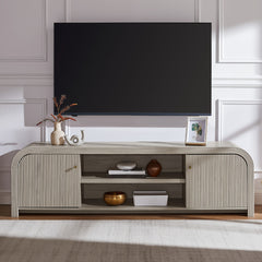 70" Fluted Rounded TV Stand for Tvs Up to 80", Curved Wooden Media Console with Soft Close Cabinet Doors & Adjustable Storage Shelves, Modern Farmhouse Entertainment Center for Living Room