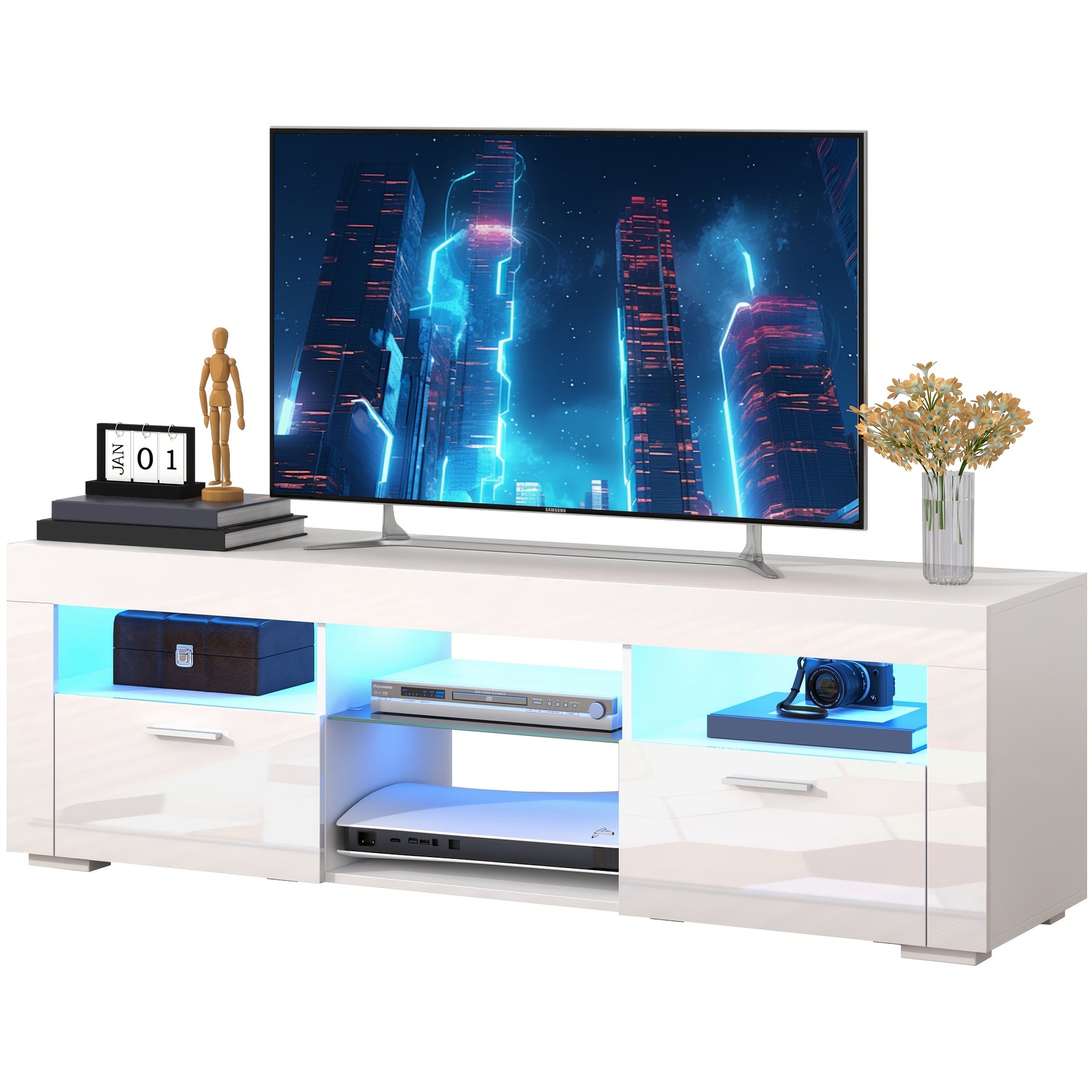 White TV Stand for 50/55 Inch TV, 56" Entertainment Center with LED Lights, Modern TV Stands for Bedroom, TV Console Table with Storage Cabinets And Open Adjustable Shelves for Living Room Bedroom