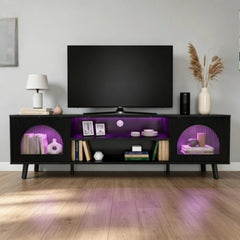 TV Stand with 2 Glass Doors, White Finish, 62.99x13.78x18.5inch Long Console for Living Room & Home Theater