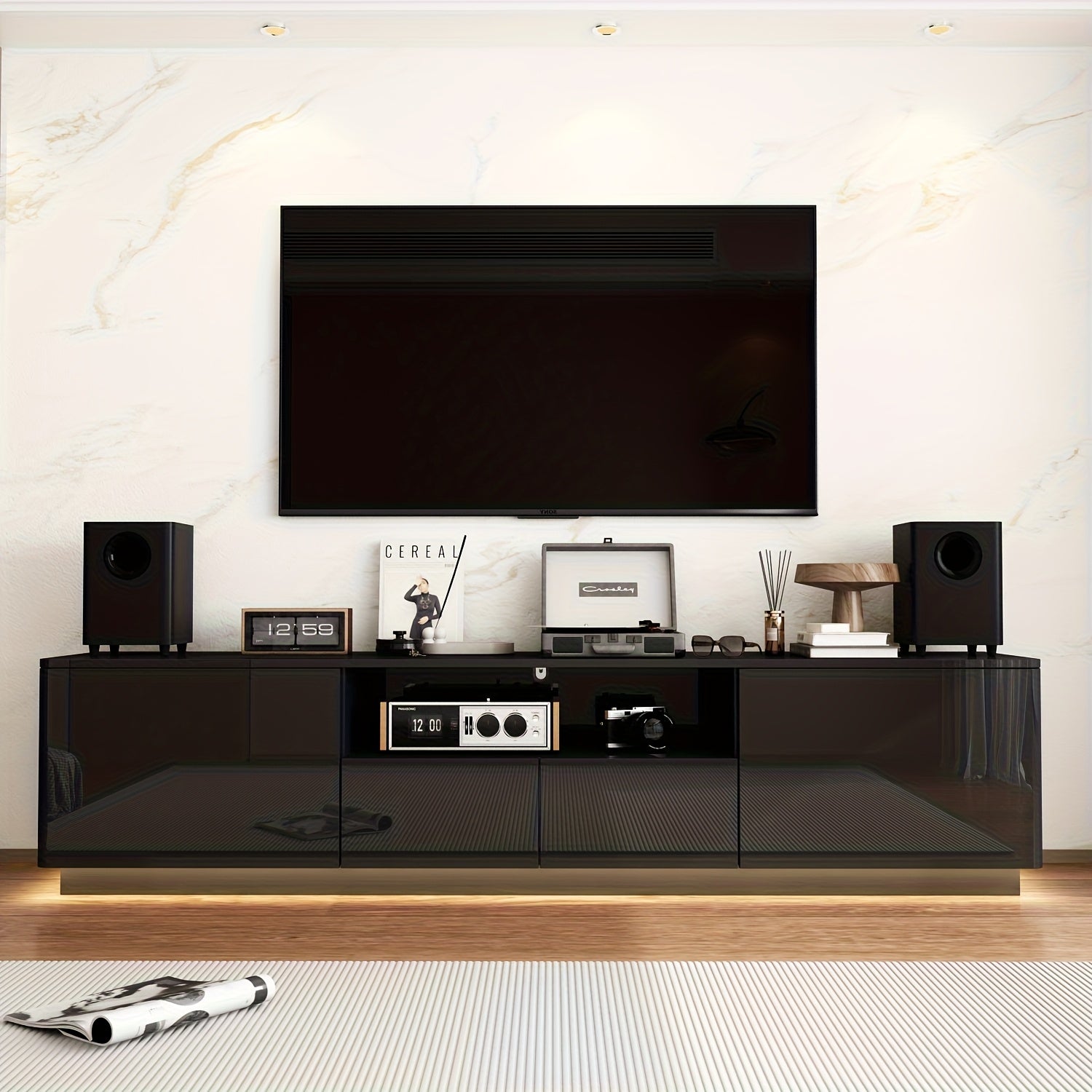 Modern LED TV Stand Measuring 70.8 Inches Wide, Suitable for Televisions Up to 75 Inches. This Media Console Features Four Drawers And a Glossy End, Designed As an Entertainment Center with Open Shelving, Perfect for Living Rooms Or Bedrooms