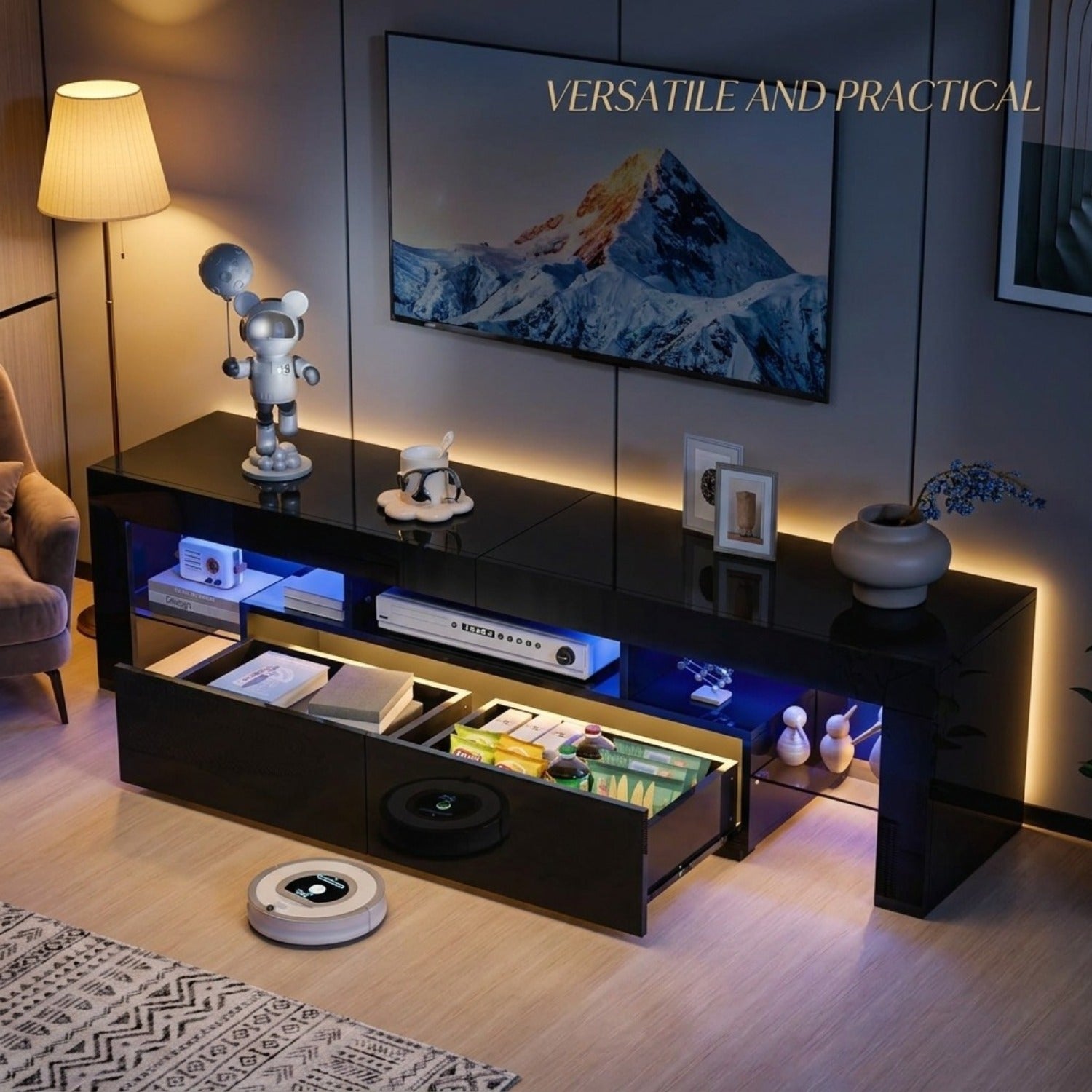 63 Inch Modern TV Stand with LED Lights & Ample Storage, Stylish White Media Console for 55-70 Inch TVs, Ideal for Living Room & Bedroom