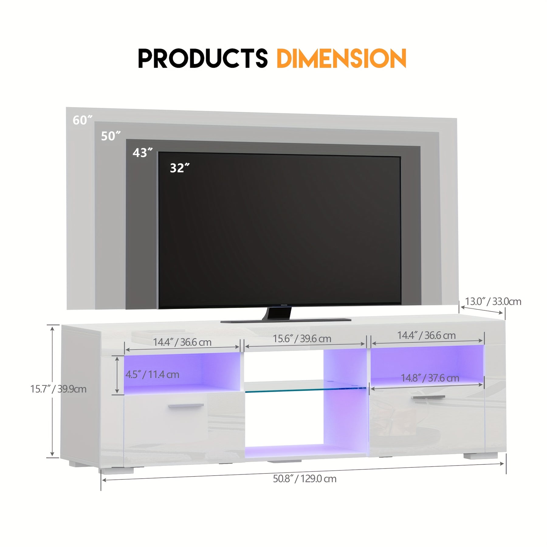 TV Stand with Adjustable LED Lights & Large Storage Cabinets, Modern Entertainment Center for 50/55/60 Inches TV, Sturdy Media Console with Glass Open Shelves for Living Room, Bedroom, Gaming, Black/White