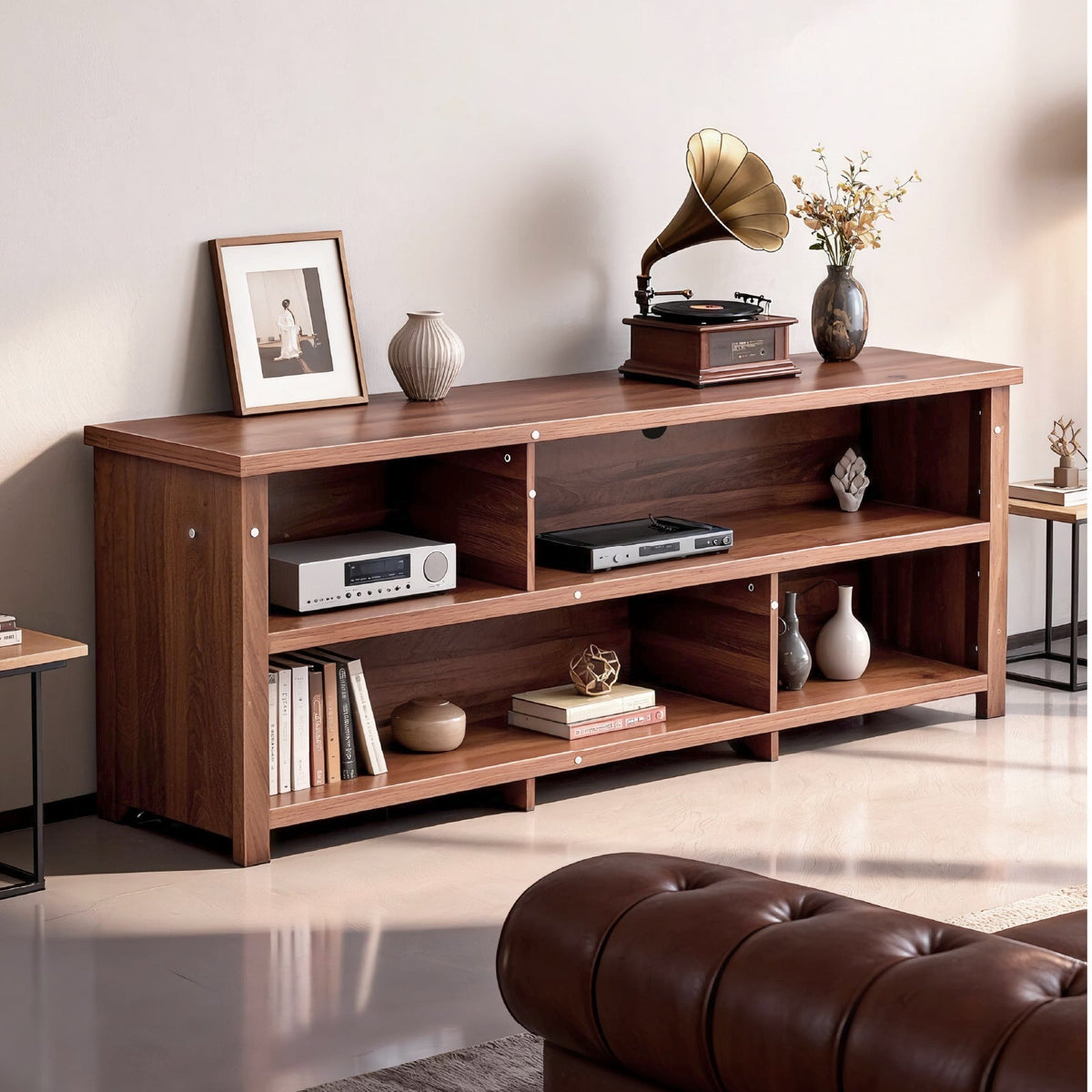 Dark Brown Particle Board TV Stand, 70.07"×15.75"×24.4" Double Layer Entertainment Center with Open Storage Shelves, Modern TV Console for Living Room & Bedroom