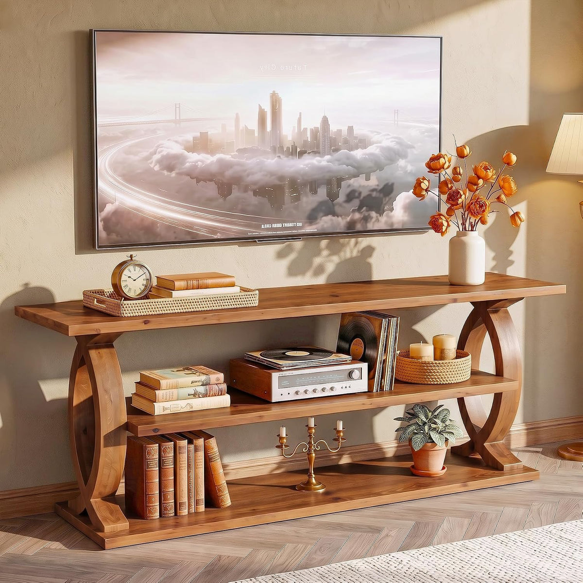 63' Solid Wood TV Stand for 75-Inch TVs, 3-Tier TV Console with Open Storage Shelves, Farmhouse Wooden Entertainment Center Television Stands with Sturdy Legs for Living Room, Bedroom, Brown