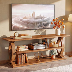 63' Solid Wood TV Stand for 75-Inch TVs, 3-Tier TV Console with Open Storage Shelves, Farmhouse Wooden Entertainment Center Television Stands with Sturdy Legs for Living Room, Bedroom, Brown