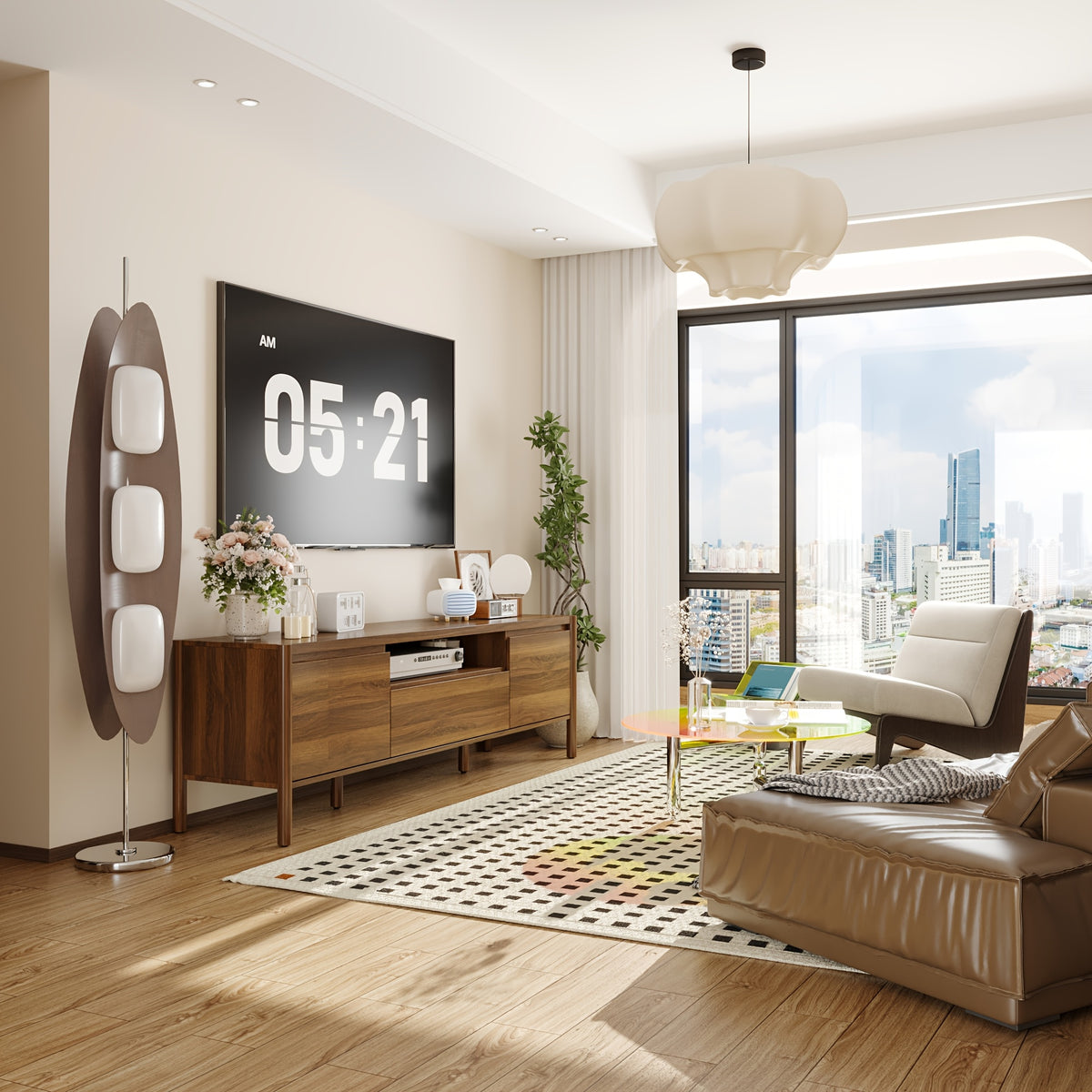 70.9'' Modern TV Stand with Up to 82'' Tvs, TV Console with 2 Cabinets, Open Shelves & Flip-down Door, Media Console Table Entertainment Center with Rubber Wood Legs, for Living Room, Stylish Design, Sturdy Structure