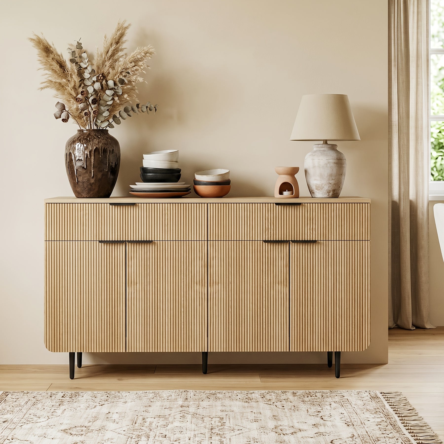Modern Fluted TV Stand for 70/75/80 Inch TV, Wood TV Console Table with Large Storage, Accent Buffet Cabinet with 4 Doors And 2 Drawers, Storage TV Cabinet for Bedroom, Living Room, Entryway, Blue Or Wood