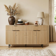 Modern Fluted TV Stand for 70/75/80 Inch TV, Wood TV Console Table with Large Storage, Accent Buffet Cabinet with 4 Doors And 2 Drawers, Storage TV Cabinet for Bedroom, Living Room, Entryway, Blue Or Wood