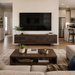 Modern TV Stand for TVs Up to 85" Suitable for 85-inch Screens, Dark Brown Entertainment Center with Solid Legs, Push-Door Cabinets & Adjustable Shelves, Cable Management System for Media Rooms, Furniture