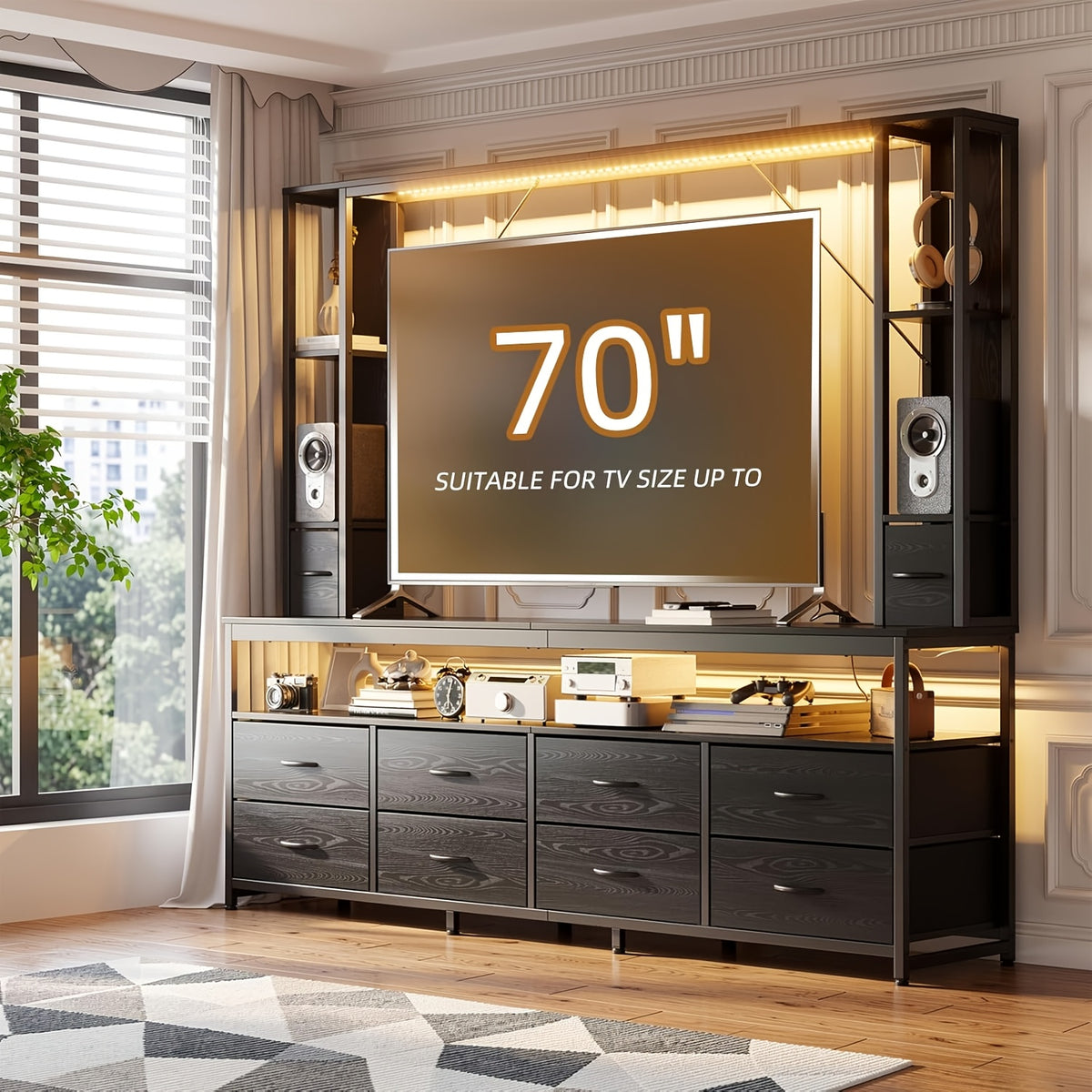 79-Inch Farmhouse Entertainment Center with TV Stand, Bookshelf, 10 Storage Drawers, Fits Tvs Up to 70", Wall Unit Media Console, Living Room, Black