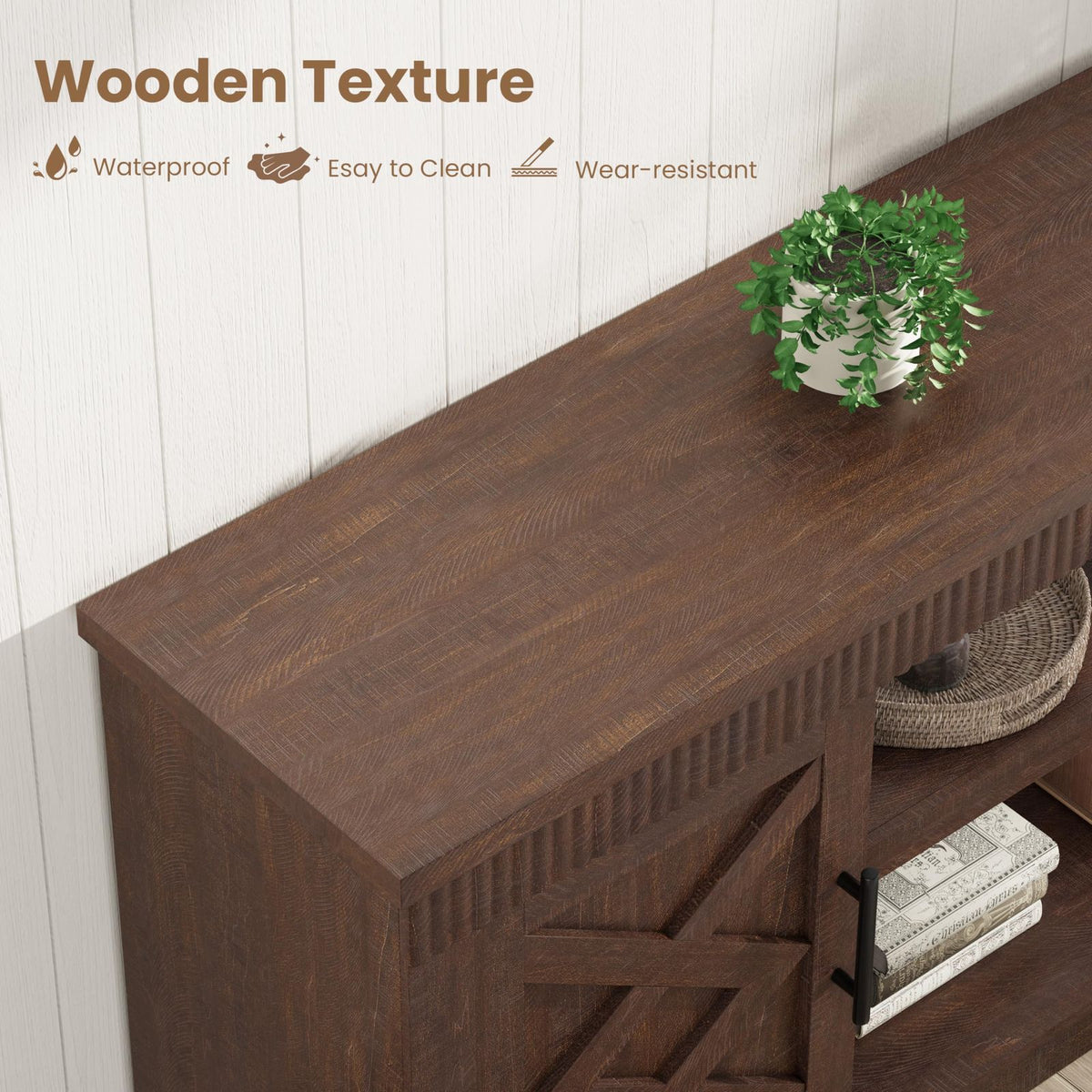 Rustic Modern Farmhouse TV Stand Compatible for 65-Inch TVs - Solid with Fluted Paneling, 2-Door Storage & Open Shelves, Console Table - Living Room & Bedroom Entertainment Center (Assembly Required) 5+-Piece Configur
