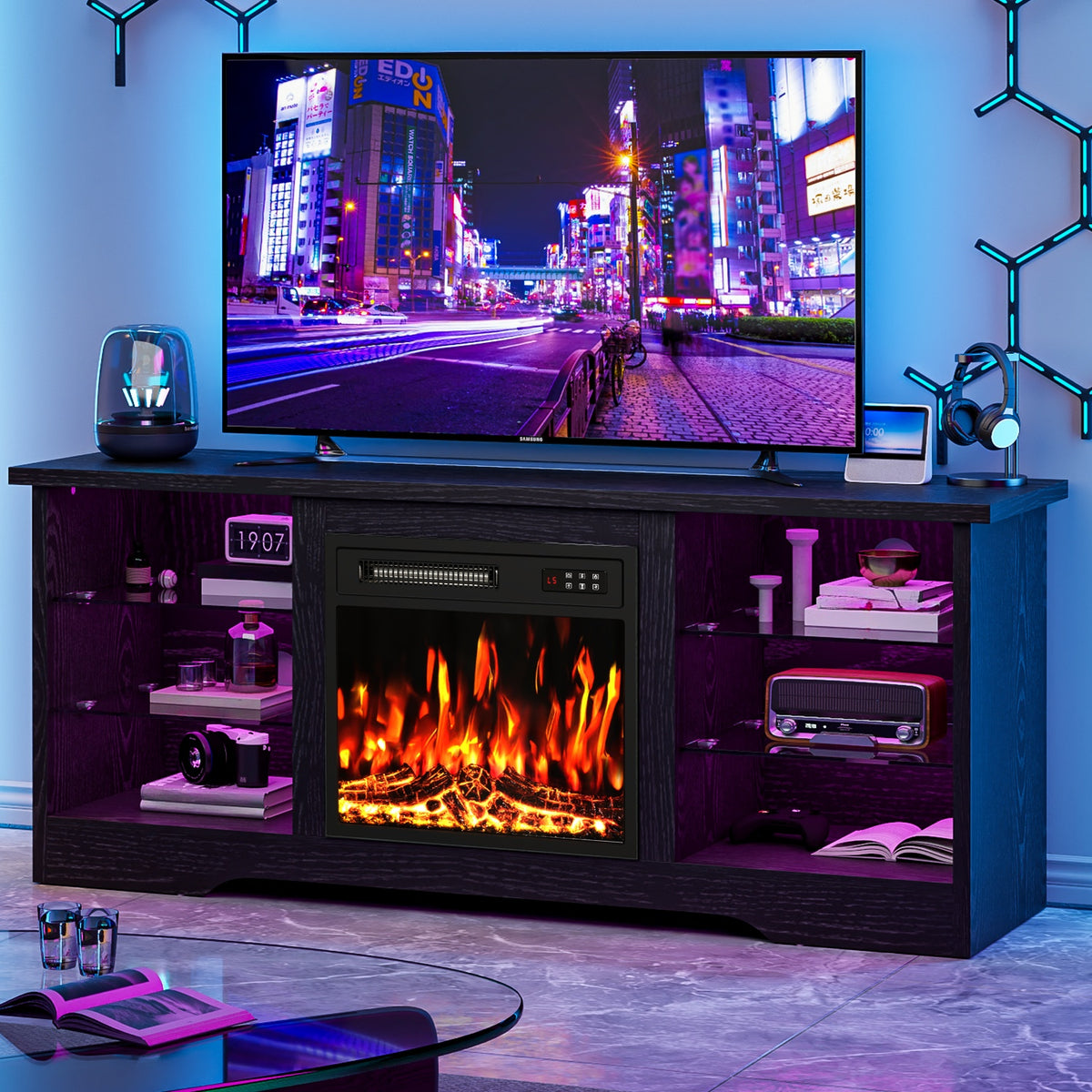 58 Inches Fireplace TV Stand for Tvs Up to 65 Inches Console with 18'' Electric Fireplace & Remote, Wooden Modern Entertainment Center for Living Room with LED Light Glass Shelves