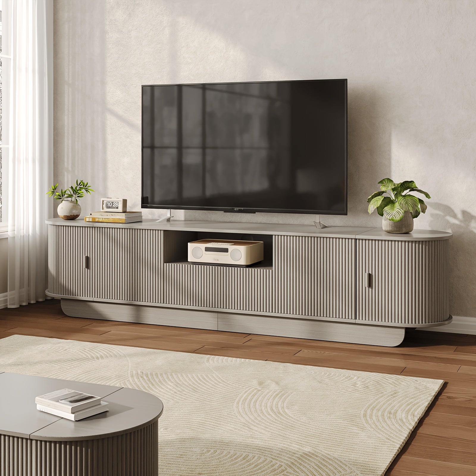 86.6" Curved TV Stand for 65/75/85 Inch Tvs, Media Console with Sliding Doors, Entertainment Center with Storage And Drawers, Mid-Century Modern TV Consoles for Living Room, Bedroom, White, Natural, Gray, Walnut
