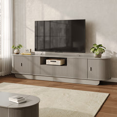 86.6" Curved TV Stand for 65/75/85 Inch Tvs, Media Console with Sliding Doors, Entertainment Center with Storage And Drawers, Mid-Century Modern TV Consoles for Living Room, Bedroom, White, Natural, Gray, Walnut