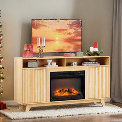 Oak Fireplace TV Stand with 23 Inch Insert, Double Grid Doors, Gold Handles & 2 Shelves, Media Console 58 x 13.6 x 32 Inch