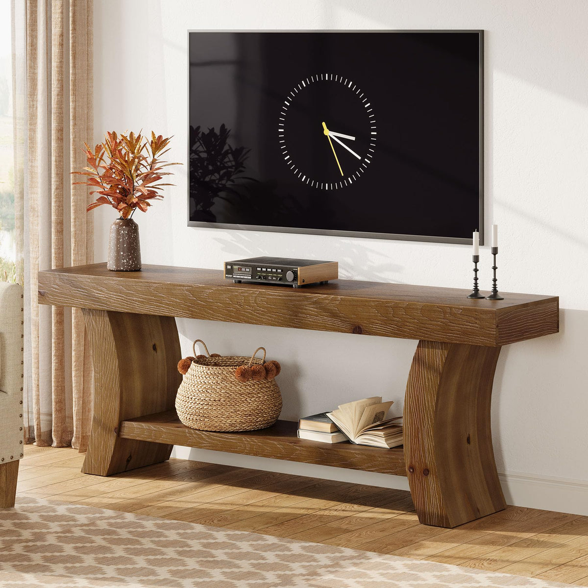 63\' Solid Wood TV Stand for 55/60/65/75\' Tvs, Farmhouse TV Console, Low Entertainment Center with Storage for Living Room, Bedroom (Dark Brown)