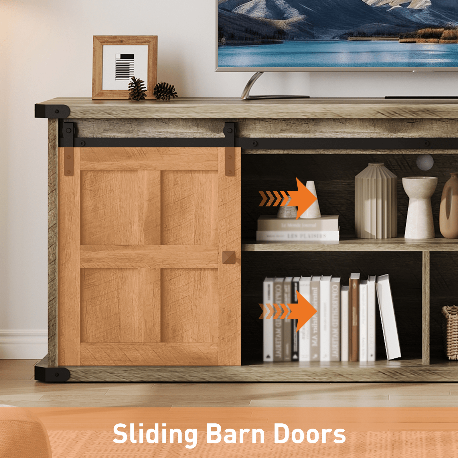 Farmhouse TV Stand for 75 Inch TV, Entertainment Center with Storage Cabinets And Sliding Barn Doors, Media TV Console Table for Living Room Bedroom (Wood Grain Gray)