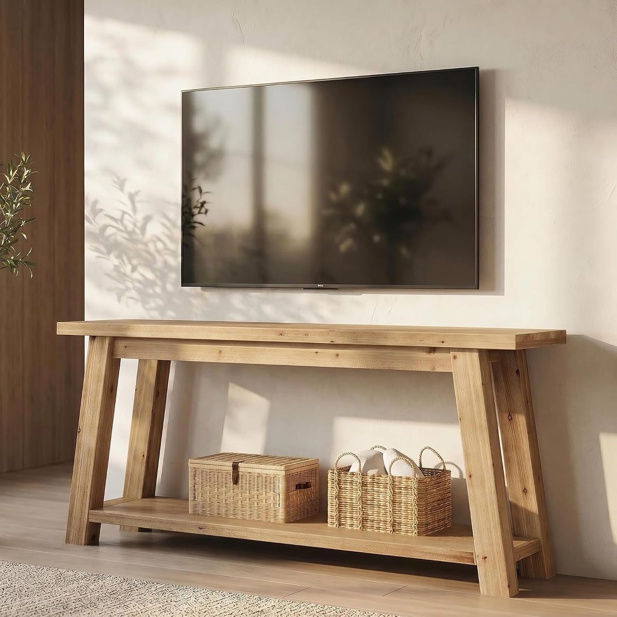 Solid Wood TV Stand for 65/70/75/80 Inch Tvs, Entertainment Center with Open Storage Shelves, Farmhouse TV Console Media Television Stands for Living Room, Bedroom, Natural Wood Color