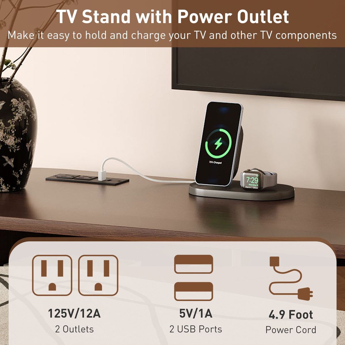 70 Inch Mid Century Modern TV Stand, TV Stand for 80 Inch TV, TV Stand with Tambour Doors, Drawers and Power Outlet, TV Consoles for Living Room, Bedroom