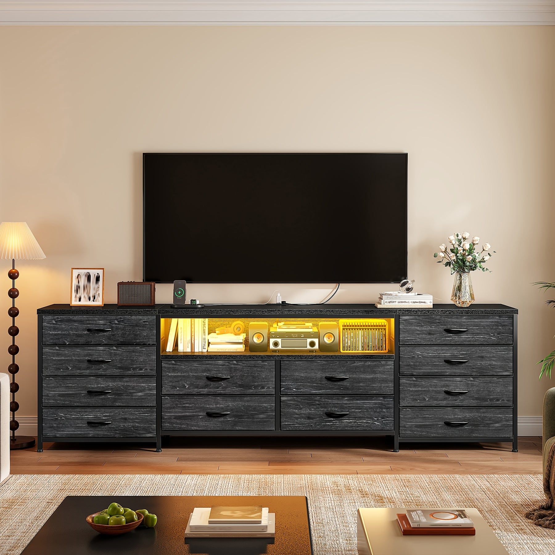 [12 PCS] 63"W Modern TV Stand Dresser with LED Lights & Power Outlets, for Up to 70 Inch TVs, Fabric Chest Of 12 Drawers, Entertainment Center for Bedroom, Living Room, Hallway, Black, Brown