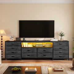 [12 PCS] 63"W Modern TV Stand Dresser with LED Lights & Power Outlets, for Up to 70 Inch TVs, Fabric Chest Of 12 Drawers, Entertainment Center for Bedroom, Living Room, Hallway, Black, Brown