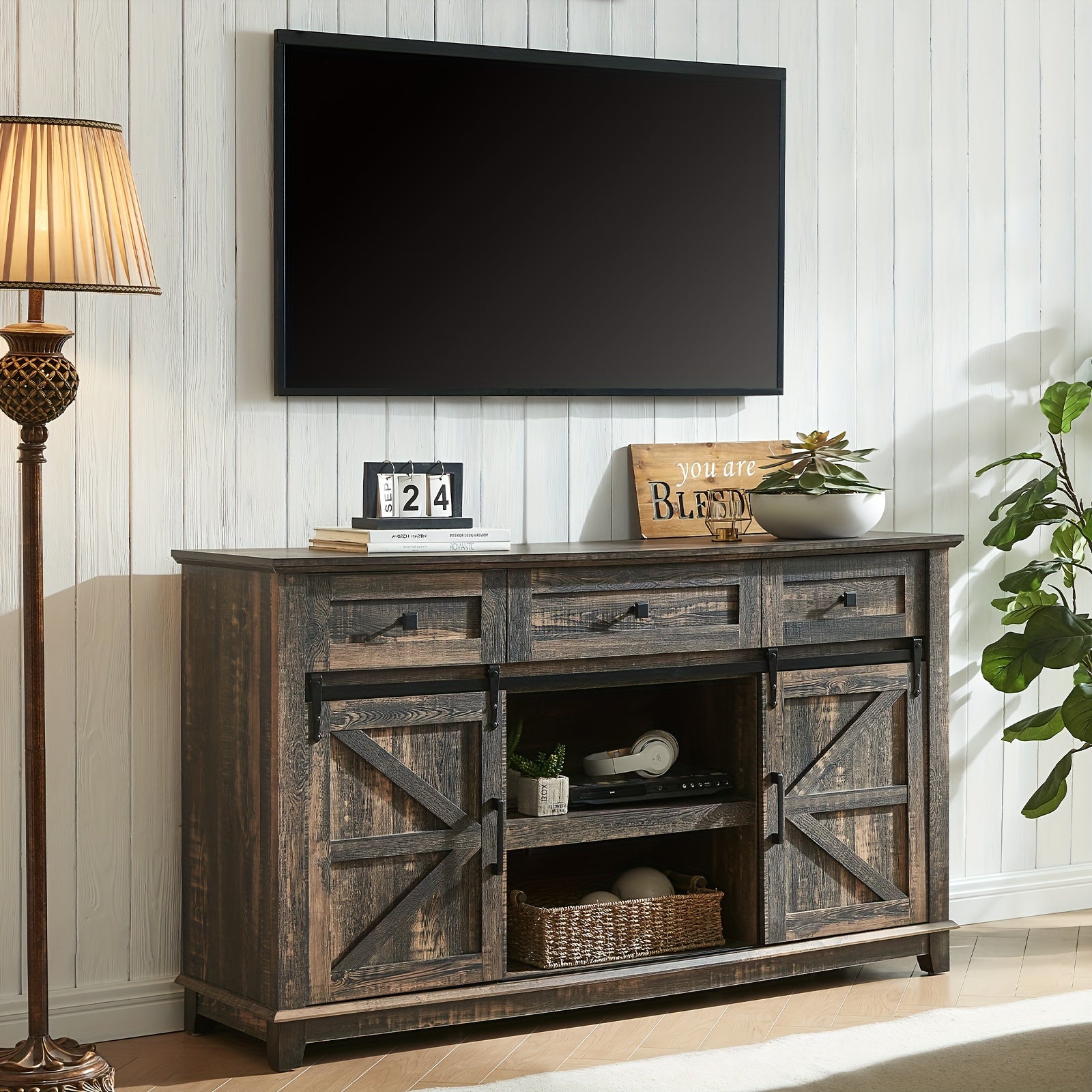 Farmhouse TV Stand for Televisions up to 65 Inchs, Entertainment Center with Sliding Barn Doors and Storage Drawers, Living Room Furniture with Cabinets