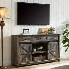 Farmhouse TV Stand for Televisions up to 65 Inchs, Entertainment Center with Sliding Barn Doors and Storage Drawers, Living Room Furniture with Cabinets