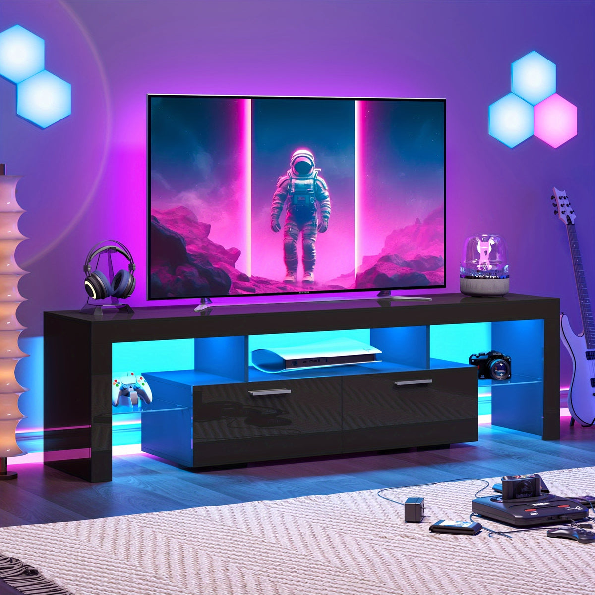 A Sleek LED TV Stand Designed for 55 to 80-Inch Televisions, Featuring a Universal Entertainment Center Equipped with Storage Drawers And LED Lighting. This Contemporary Media Console Is Suitable for Your Living Room, Game Room, Or Bedroom