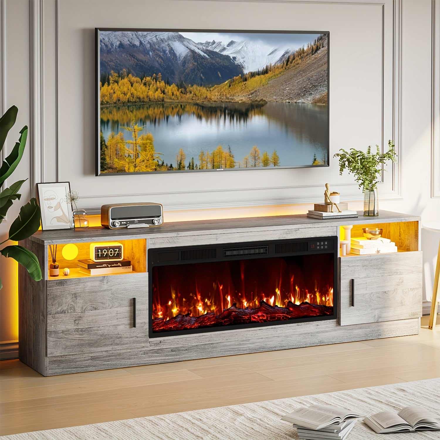 Fireplace Tv Stand with 36 Inch Fireplace Up to 80" TVs, LED Light Entertainment Center And Storage, 70" Modern Wood Media TV Console with Highlight Cabinet for Living Room