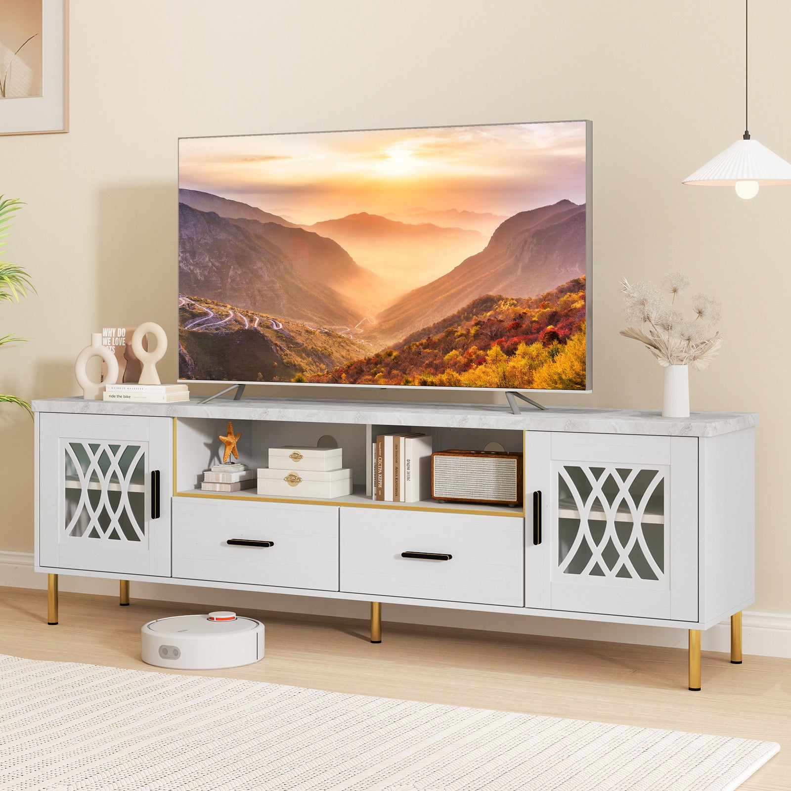 COSTWAY 71-Inch TV Stand for 80-Inch TVs, Modern White & Faux Marble Entertainment Center with Glass Doors & 2 Storage Drawers, Heavy-Duty MDF/Metal Frame Media Console Compatible with 50/60/70/80 Inch TVs for Living Room