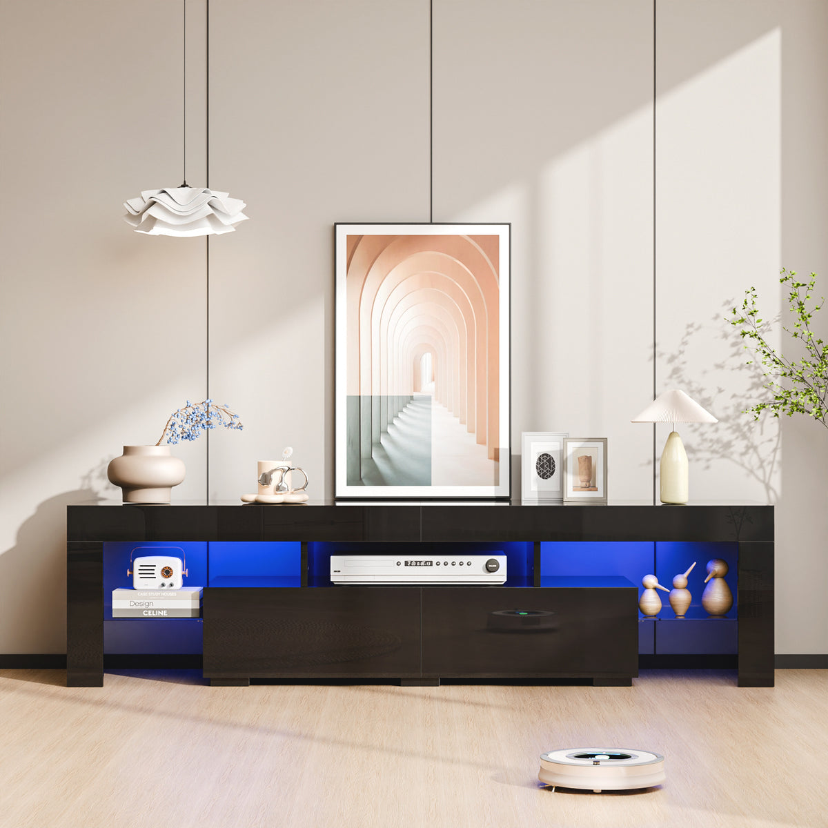 TV Stand for 70 Inch TV, TV Cabinet with Open Storage, Industrial TV Cabinet with 2 Drawers and Glass Shelves for Living Room and Bedroom, Black